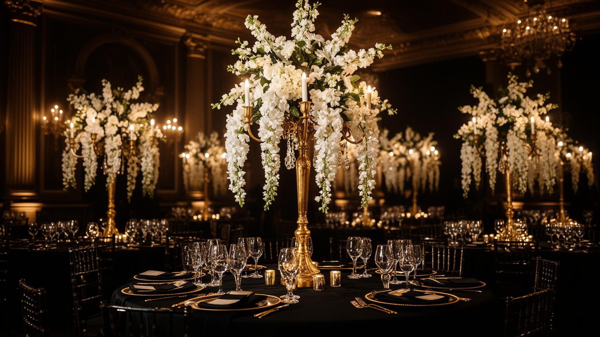 Luxury black and gold event tablescape